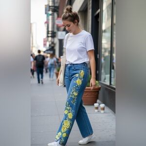 Vintage Levi's Blue Jeans with Yellow Floral Embroidery